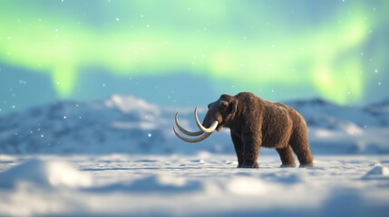 Woolly mammoth in snowy Arctic landscape, aurora borealis background