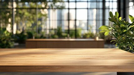 Wooden table, green plants, city view.  Product display