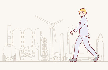 Walking industrial worker or engineer silhouette featuring energy generation and infrastructure icons. Project management, engineering and safety inspection.