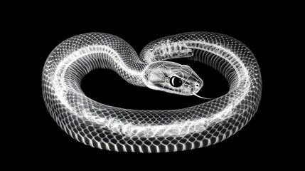 X-ray Snake, coiled, black background, science