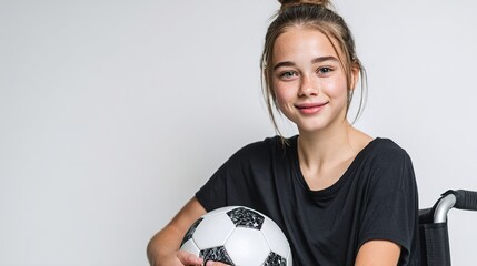 A determined athlete, seated in a wheelchair, holds a soccer ball with confident poise, embodying resilience and sporting dedication.