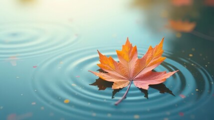 Serene autumn leaf afloat on tranquil water, creating gentle ripples and reflecting the warm hues of the season