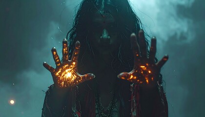 A tall faceless figure with glowing handscreepy surreal horror art.