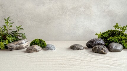 Zen garden stones, plants, sand, calm, background; meditation