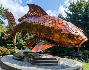 Large copper koi sculpture in a garden setting