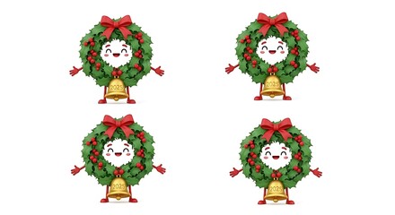 Animated christmas wreath characters with red bows on white