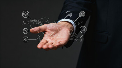 A professional hand gesture displays a digital world map with icons representing business analytics and technology.