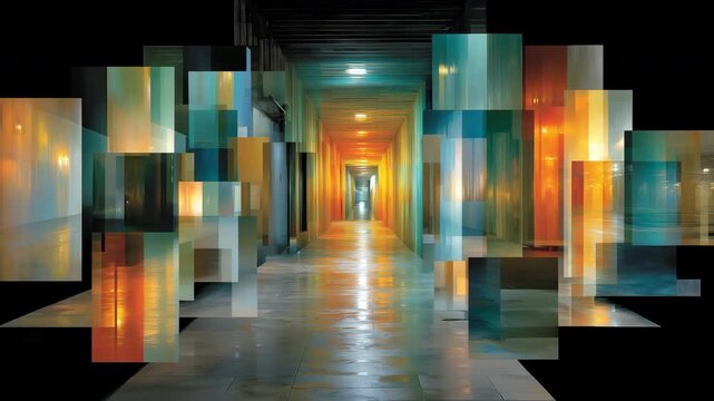 Diagonal tableau of a fragmented chrome clamshell case orbi, showcasing a vibrant corridor with reflections and warm lighting in a medium composition.