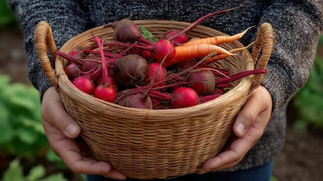 The vibrant image depicts hands holding a basket filled with organic vegetables like radishes and carrots, symbolizing healthy living and the joys of home gardening.