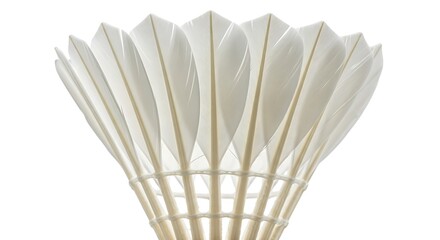 A close-up, detailed studio shot of a white badminton shuttlecock against a stark white background.