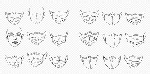 A collection of line drawings depicting various styles and shapes of face masks, including a human face, all in a minimalist, monochrome aesthetic.
