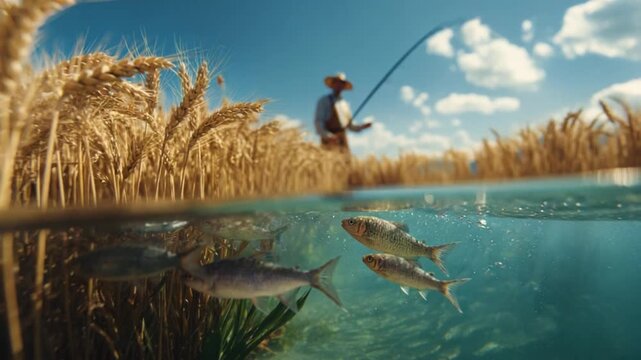 The Fisherman's Field: A fisherman casts his line amidst a stunning wheat field merging seamlessly with the clear, refreshing waters of a tranquil lake, offering a unique view of nature's duality.