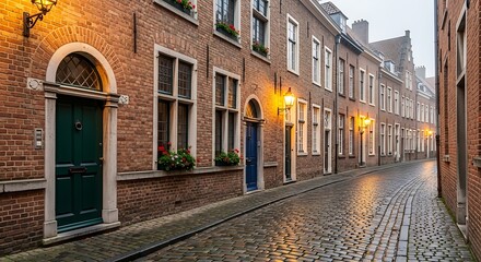 Fototapeta premium Charming Cobblestone Street in Historic European Town at Dusk.