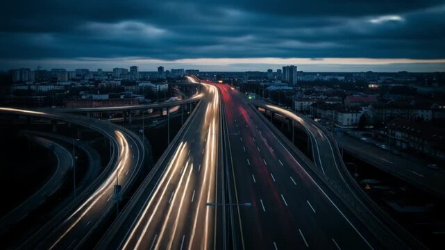 Dynamic View of an Urban Highway with Light Trails at Twilight
