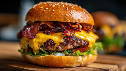 Juicy cheeseburger with crispy bacon and fresh vegetables served on sesame bun