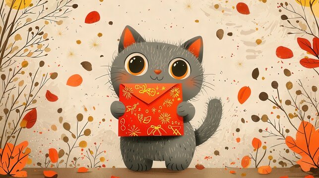 Cute cartoon cat wears red dress surrounded by falling autumn leaves.