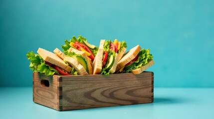 A wooden crate overflowing with fresh, delicious vegetable sandwiches, ready for a delightful picnic or a satisfying lunch break