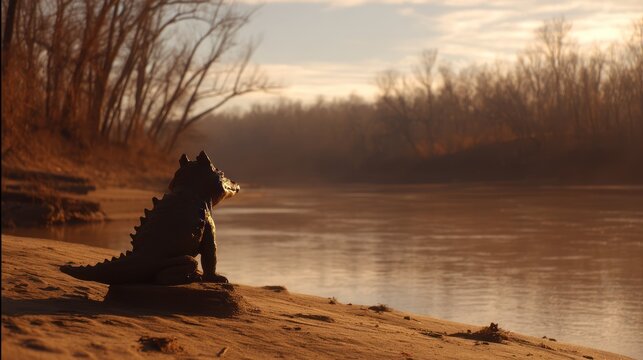 Mysterious creature on a riverbank looking out toward the water and trees