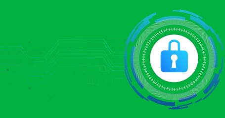 Animation of scope scanning with padlock icon over transparent background - Powered by Adobe