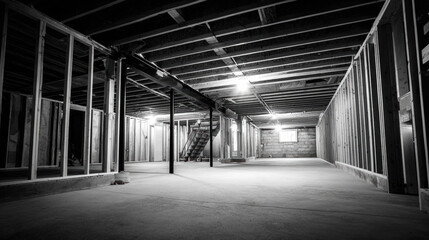 Unfinished basement interior with exposed framing and concrete floor, dim industrial lighting creates moody atmosphere