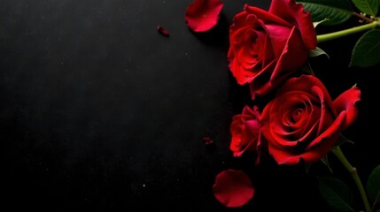Dark background showcasing a trio of deep red roses with scattered petals