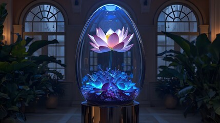 Enchanting futuristic botanical display with luminous lotus flower and glowing flora