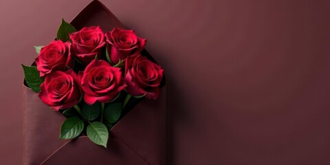 A maroon envelope delicately holds a bouquet of five deep red roses, their velvety petals unfurling in a symbol of love and affection.