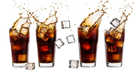 Four Glasses of Cola with Ice Cubes and Splashes on Black Background soda drink