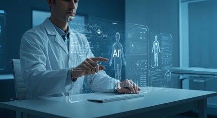 Medical professional interacting with a sophisticated augmented reality interface to analyze patient data and scientific information in a high-tech healthcare environment