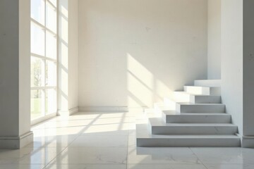 Fototapeta premium Serene Minimalist Interior Sunlight Illuminates White Staircase and Gleaming Floor in a Bright, Airy Room