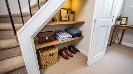 Neat under stair shelving with folded shirts, leather shoes and woven basket creating cozy organized entryway