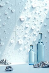 Reflective Still Life with Two Glass Bottles and Crumpled Foil Against a Textured White Background