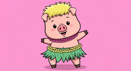 Fototapeta premium Cartoon Pig in Hawaiian Outfit Dancing with Festive Joy on Pink Backdrop