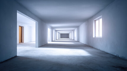 Empty long corridor interior with repeating rectangular openings and soft window light creating calm minimal perspective