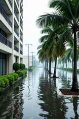 Flooded Pathway Beside a Modern Building Lined with Palm Trees Reflecting in Still Water