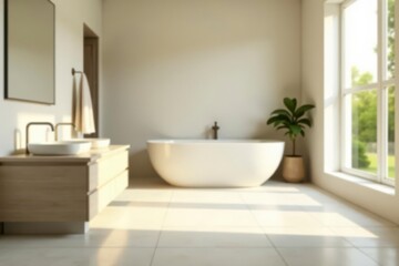 Serene Minimalist Bathroom Design Featuring a Freestanding Tub and a Light Wood Vanity