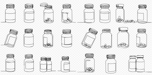 Collection of medicine bottles in various shapes and sizes, some with pills inside, in a line art style.