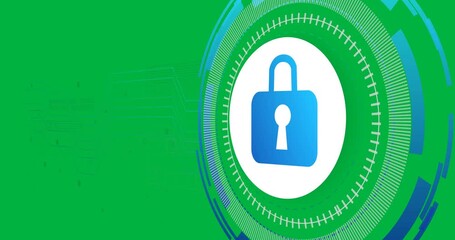 Animation of scope scanning with padlock icon over transparent background - Powered by Adobe