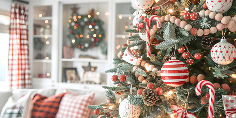 Decorative Christmas tree is presented, adorned with ornaments, candy canes, and garlands, illuminating a cozy living space with cheerful lighting and a wreath, embodying the holiday spirit and...