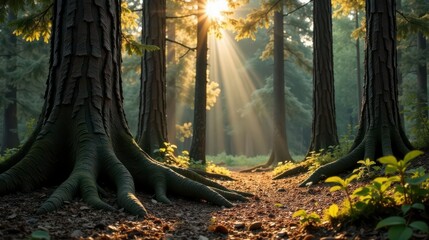 Sunbeams illuminate a tranquil forest path, dappled sunlight filters through the canopy, casting long shadows on the forest floor, creating a serene and peaceful atmosphere.