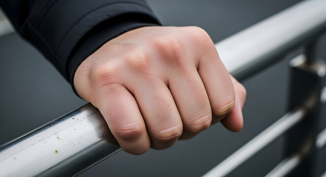 Close-Up of a Hand Gripping a Metal Railing in a Calm Outdoor Setting with Neutral Background and Emphasis on Strength and Stability