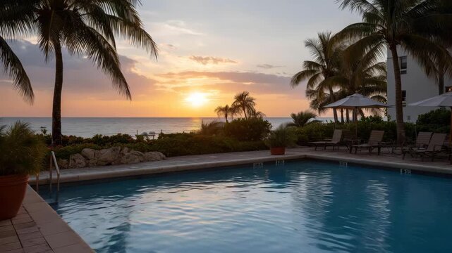 A tranquil poolside scene illuminated by a stunning sunset backdrop, featuring swaying palm trees that evoke relaxation and the essence of a luxurious seaside getaway.