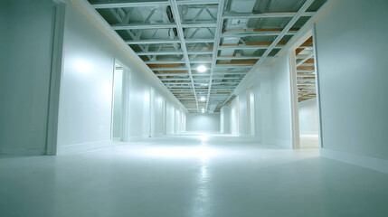 Bright empty basement corridor with exposed ceiling grid and recessed lighting, sterile modern renovation mood calm and spacious