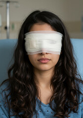 Young girl with bandaged eyes sits in medical setting, symbolizing recovery and hope. image highlights importance of eye health, treatment, and care for children facing eye diseases