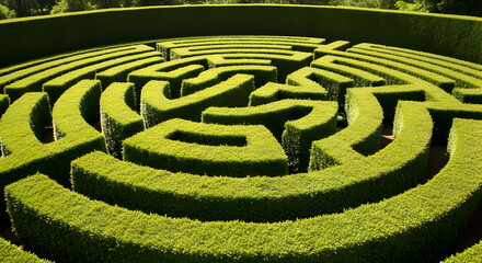Naklejka premium Aerial View of a Green Hedge Maze with Intricate Patterns and Curved Pathways Surrounded by Lush Nature Under Bright Sunlight