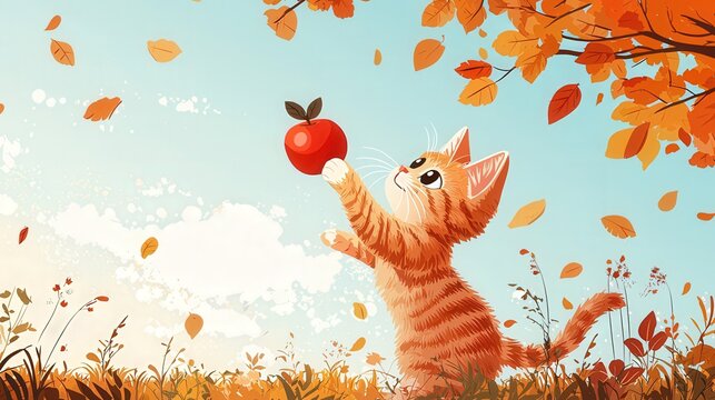 Cute Orange Cat Reaching for Falling Autumn Leaves