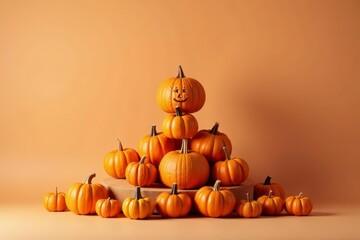 A cheerful autumn harvest display featuring a pyramid of miniature pumpkins, a carved smiling pumpkin at its peak, arranged on a rustic surface against a warm background.