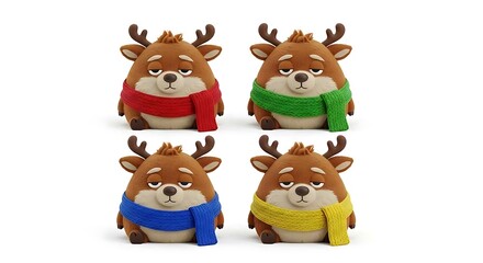 Fototapeta premium Cartoon deer characters with colorful scarves on white background