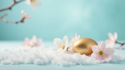 A gilded egg nestled amongst delicate springtime blossoms rests gently on a bed of pristine white snow against a serene pastel blue backdrop.