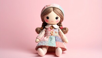 Cute Fabric Doll with Braids and Patchwork Dress on Pink Background.